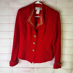 Jessica Howard VGT Red Gold Embroidery Decorative Button Knit Blazer Jacket Sz 8